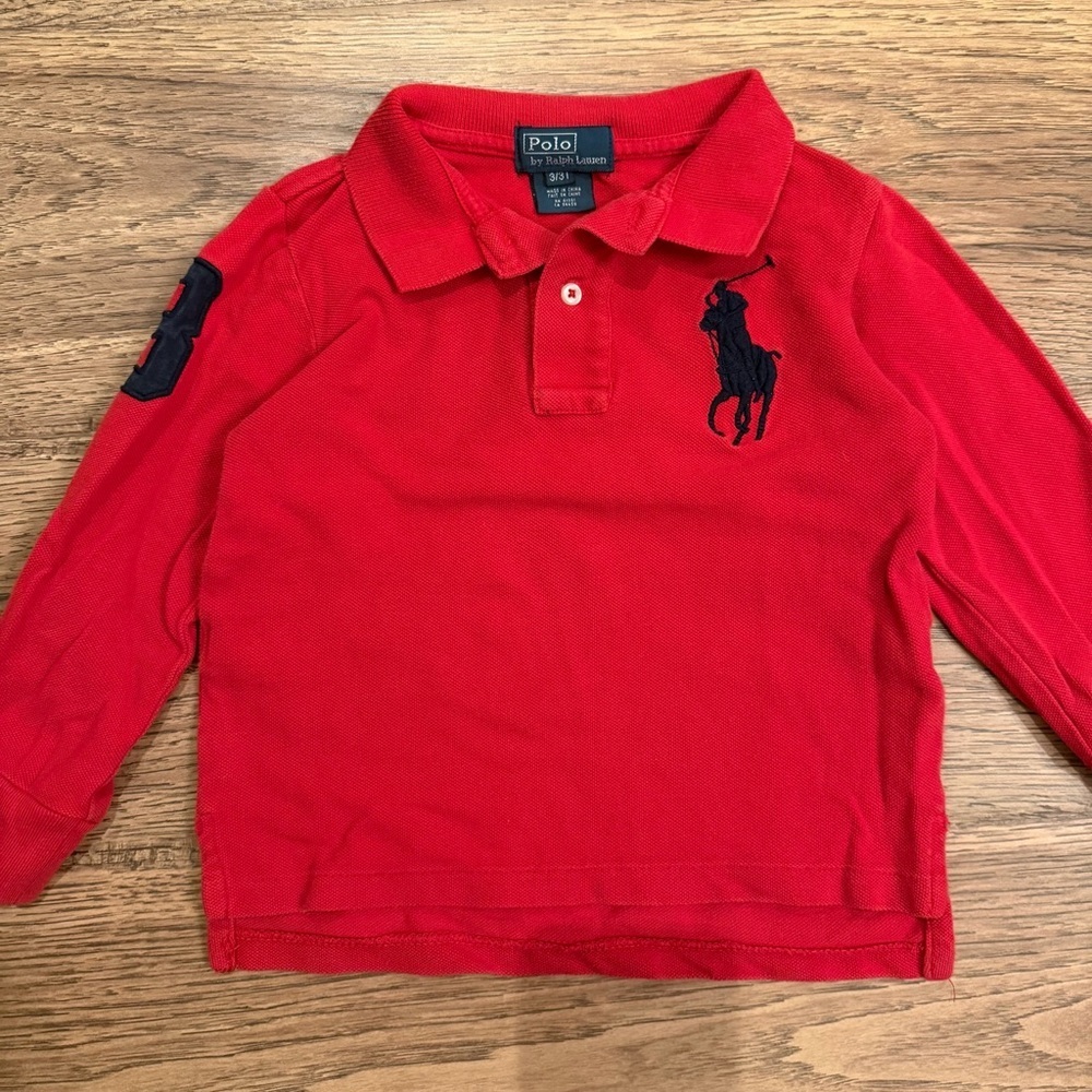 Polo Ralph Lauren Red Long Sleeve Polo Shirt With Big Pony And #3 Size 3T EUC